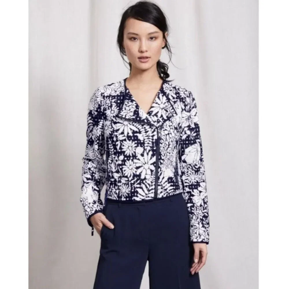 Boden Amelie Broderie Biker Jacket Sz 10 White Black Zip Front Floral Officewear